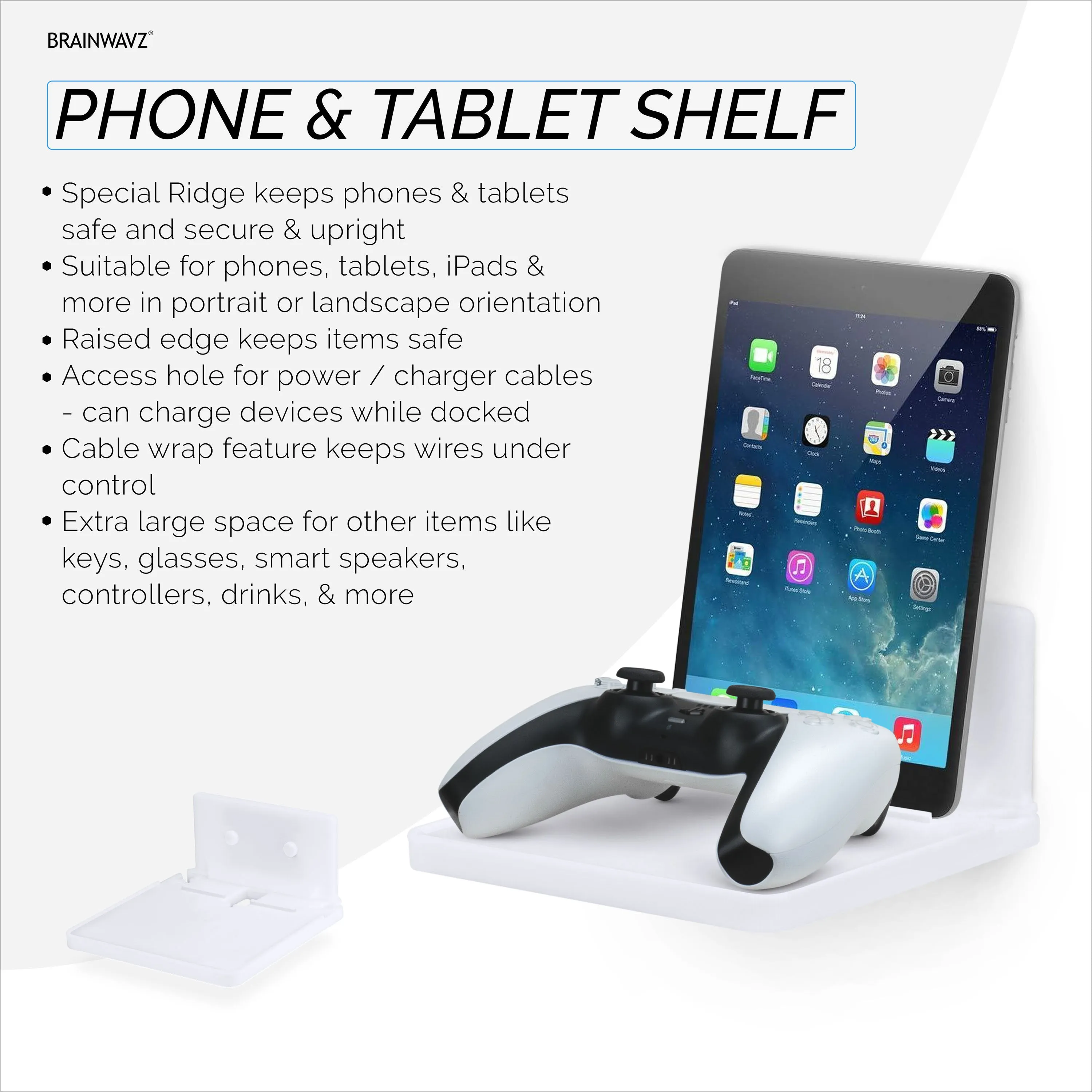 6.5" Floating Shelf with Tablet & Phone Wall Mount Holder ideal for Bedside, Kitchens, Bathrooms, Can also Hold Books, Plants, Cameras & Speakers