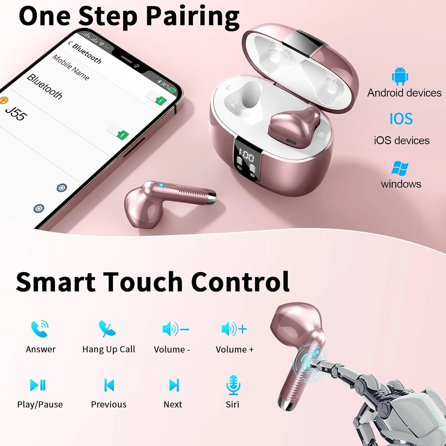 QXQ Wireless Earbuds, Bluetooth Headphones 5.4 Stereo Bass Ear Buds with ENC Noise Cancelling Mics, 40H Bluetooth Earbuds with LED Display Charging Case, IP7 Waterproof Earphones for Android iOS