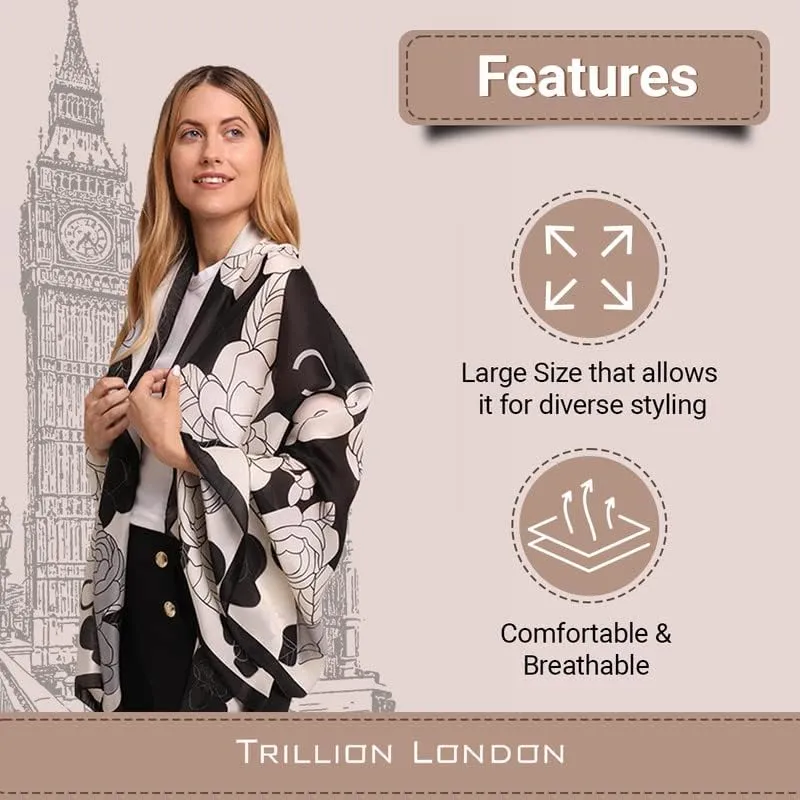 Trillion London Silk Scarf | Long Neck Scarf for Women | Ladies Lightweight Scarves | Shawl Wraps | Suitable for Daily Life